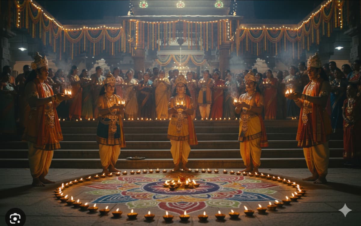 A lit Panchagavya lamp during a puja ceremony, with offerings around it.