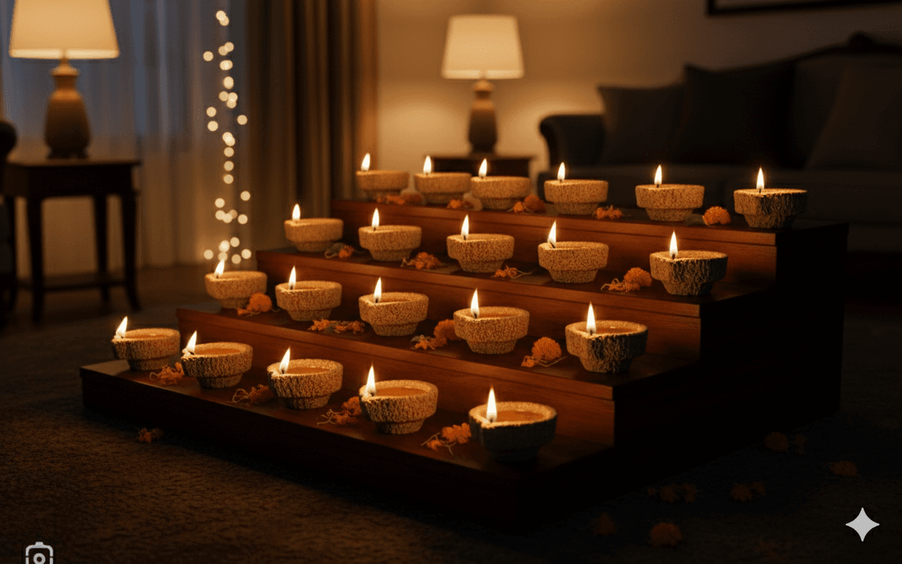 A collection of Panchagavya lamps, ready for a ritual.