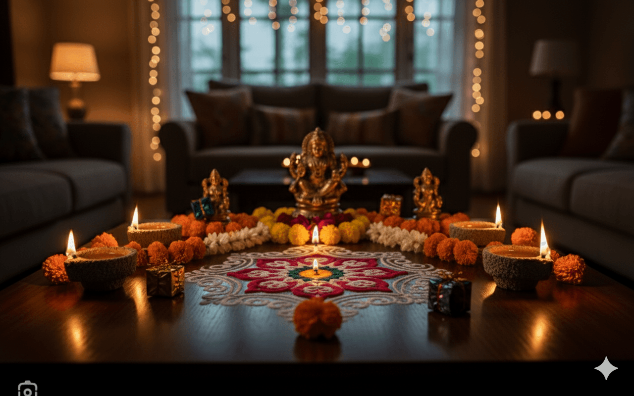 A glowing Panchagavya lamp in the dark, creating a peaceful ambiance.