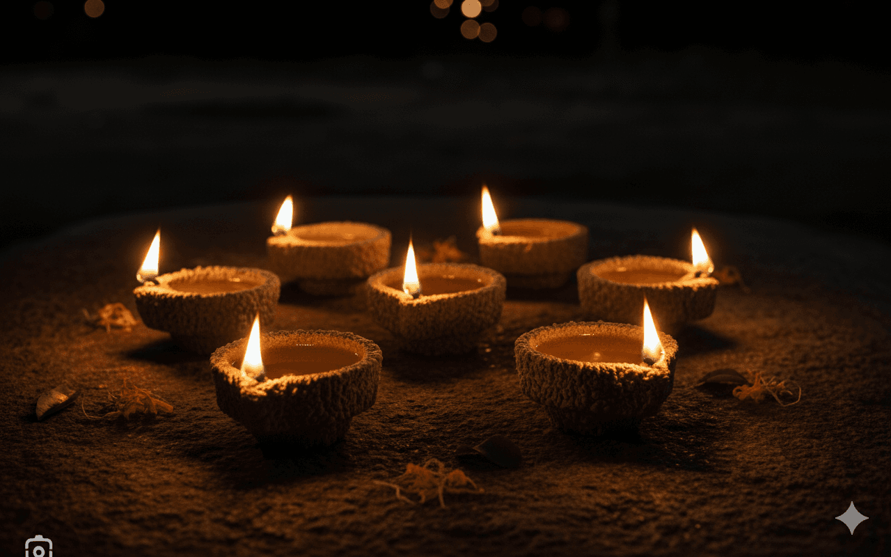 Hands holding a lit Panchagavya lamp during a ceremony.