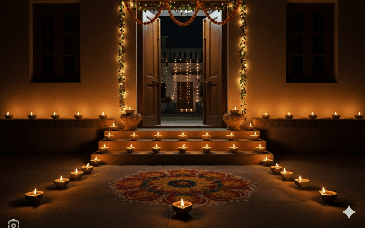 Multiple Panchagavya lamps lit together, illuminating a room.